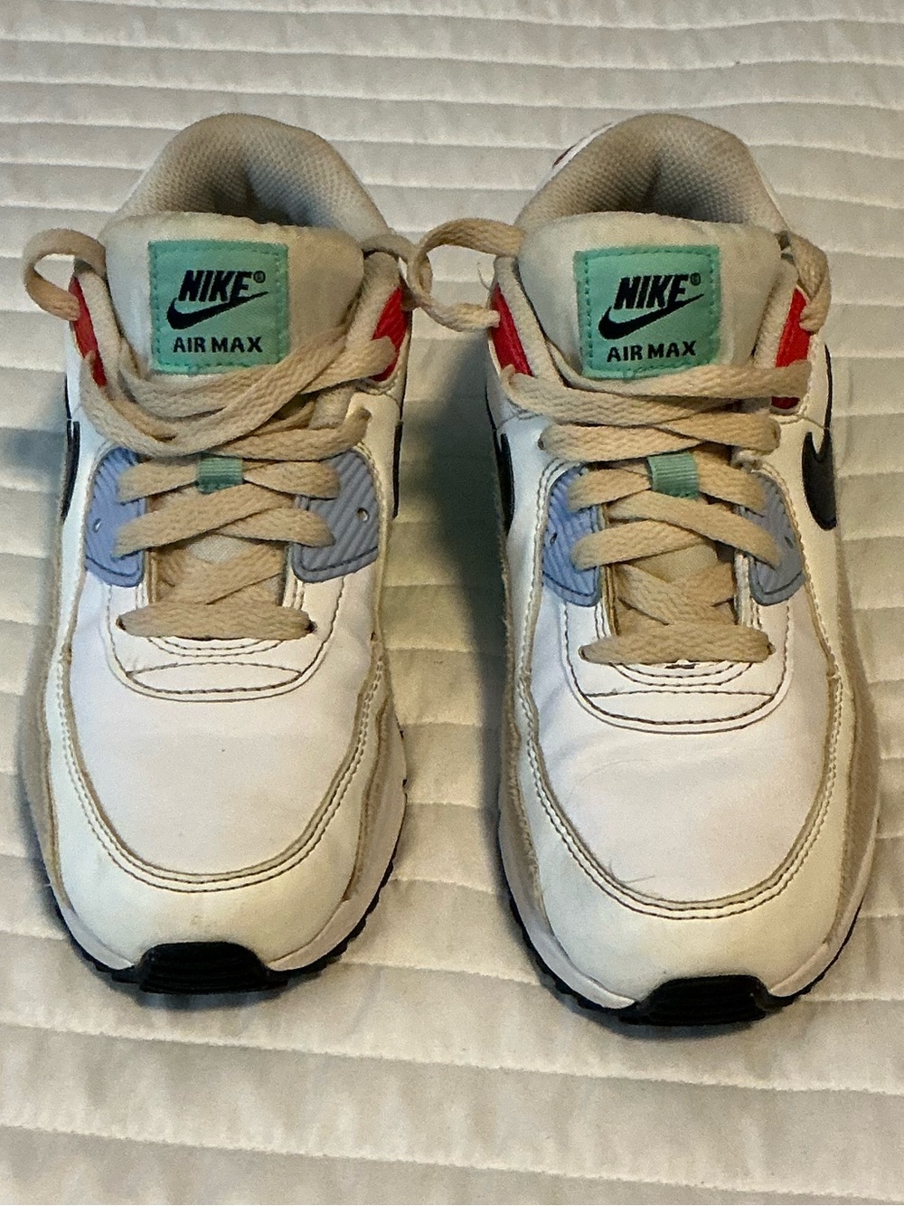 Nike Kids Air Max 90 White Sneakers with Teal, Light Blue and Black Accents